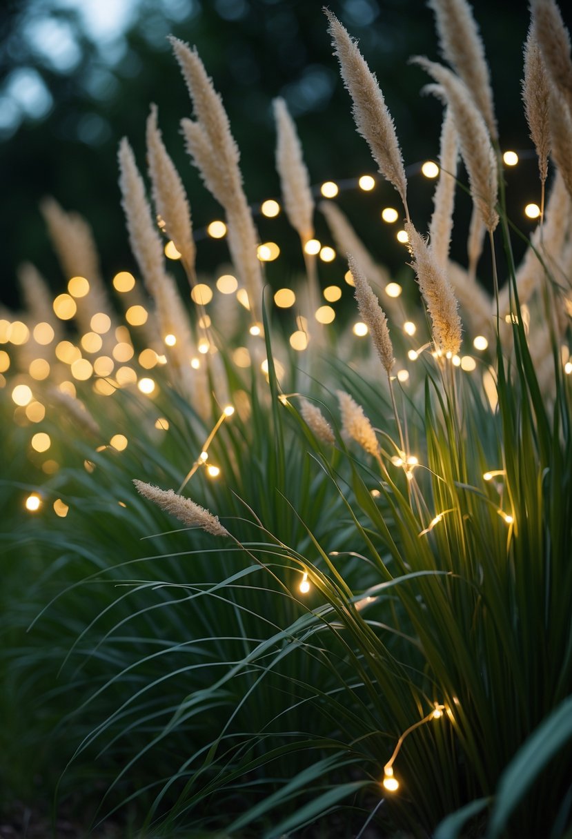 Twinkling fairy lights woven through tall ornamental grasses in a garden at dusk.