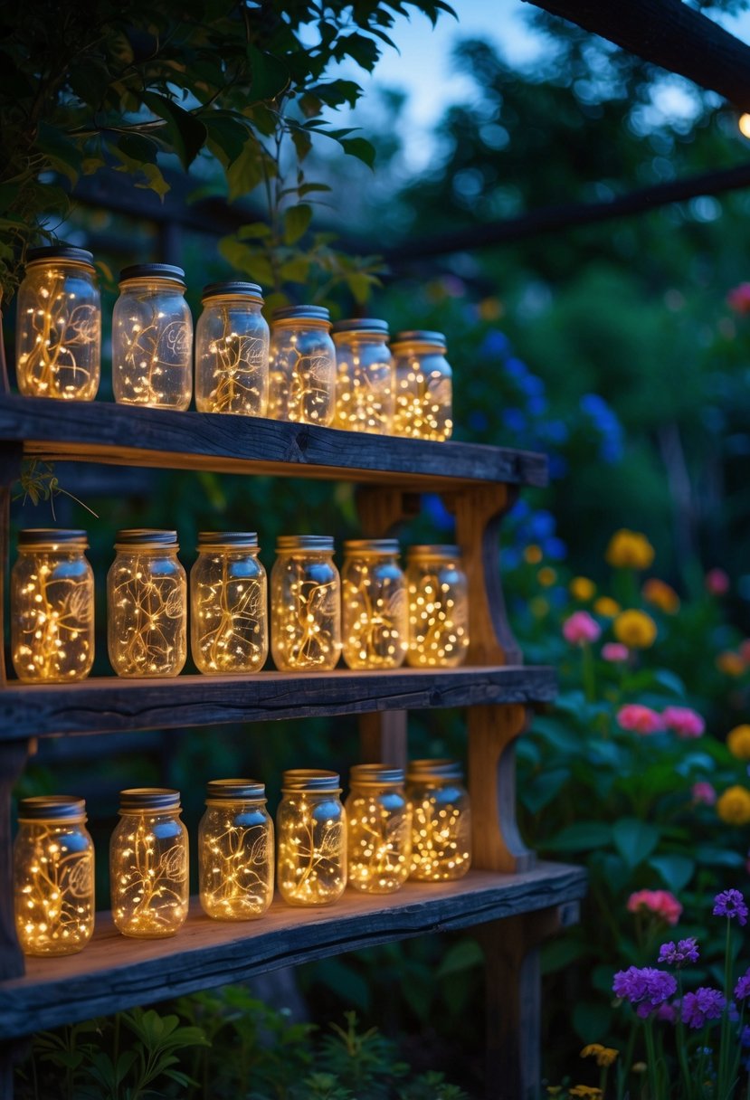 Glass jars with glowing fairy lights placed on wooden shelves in a garden surrounded by plants and flowers at dusk.