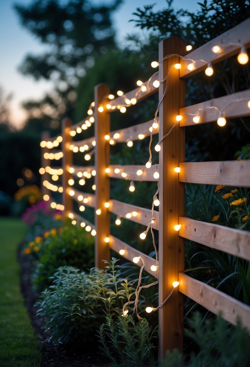 Warm white string fairy lights hanging over a wooden garden fence surrounded by plants in an outdoor garden at dusk.