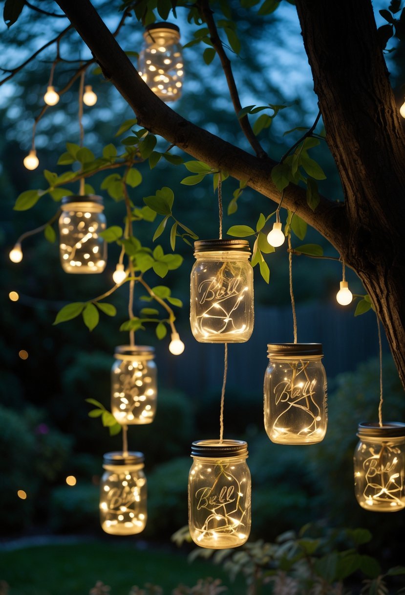 Mason jars filled with glowing fairy lights hanging from tree branches in a garden.