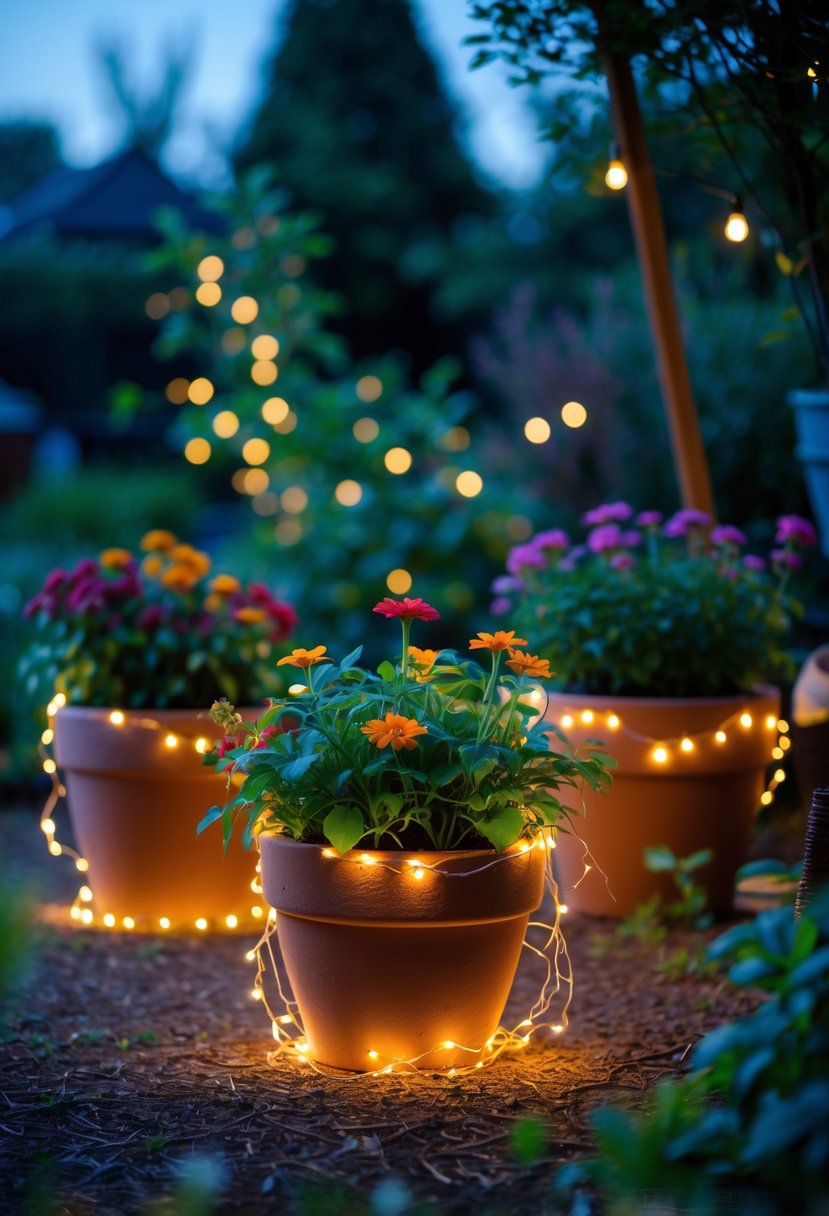 Flower pots in a garden illuminated with tiny LED fairy lights at dusk.