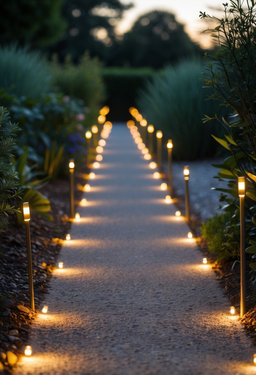 A garden pathway lined with glowing stake fairy lights surrounded by green plants in the evening.