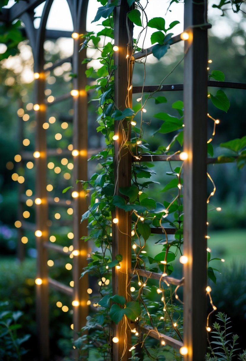Garden trellises with climbing plants wrapped in glowing fairy lights at dusk.