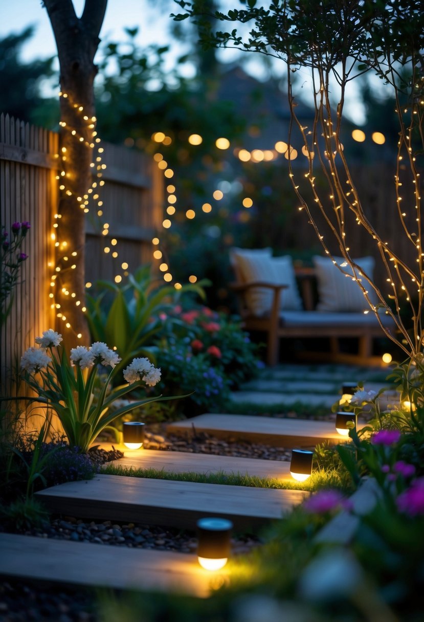 A garden at dusk with solar-powered fairy lights glowing softly among plants and trees.