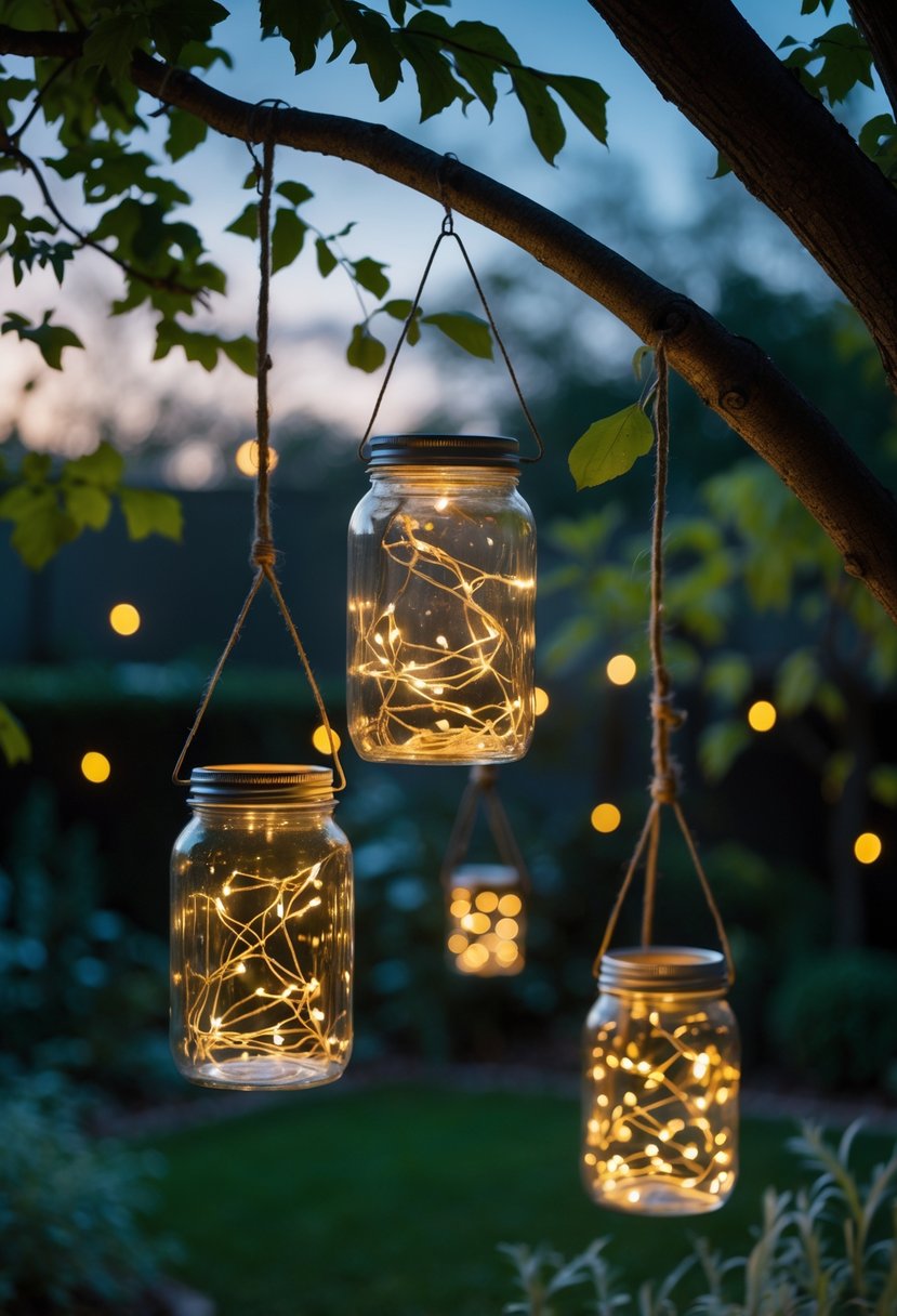 Glass jars with glowing fairy lights hanging from tree branches in a garden at dusk.