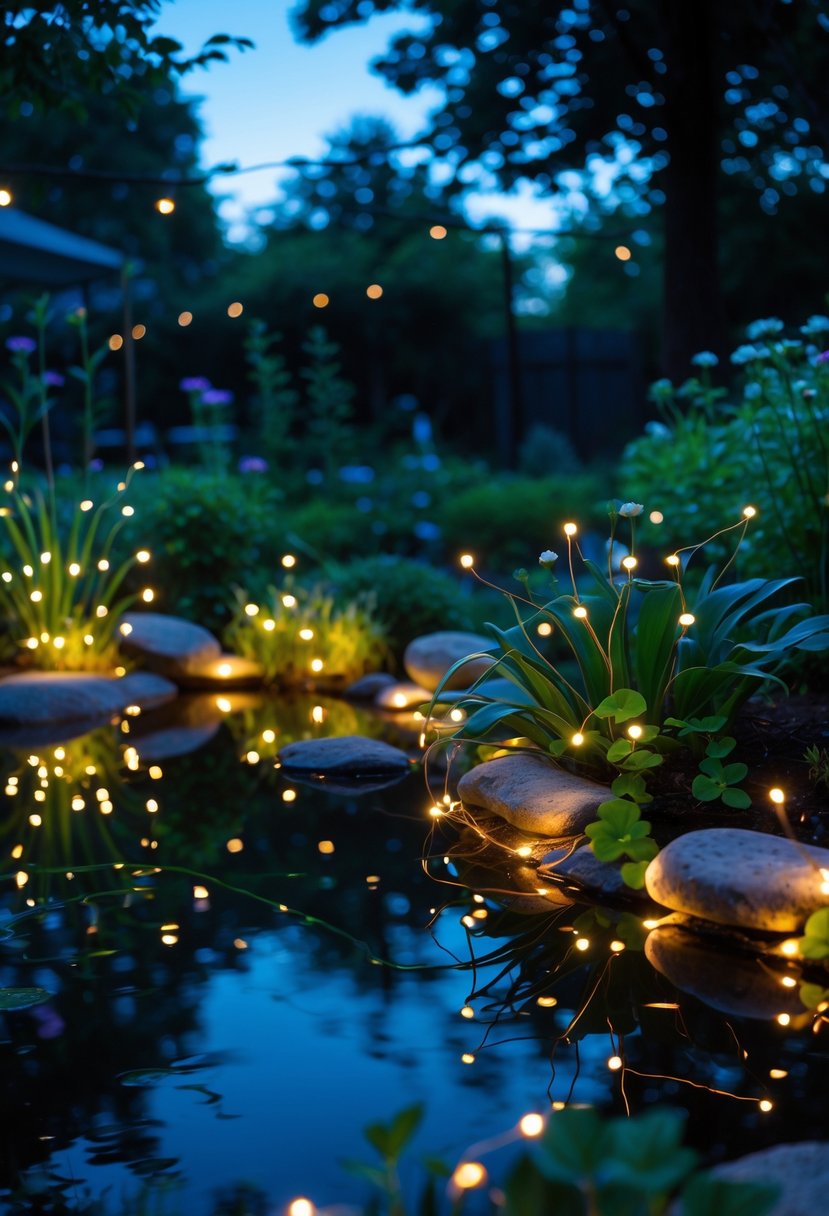 A garden pond at dusk softly lit by warm waterproof fairy lights wrapped around the pond and nearby plants.
