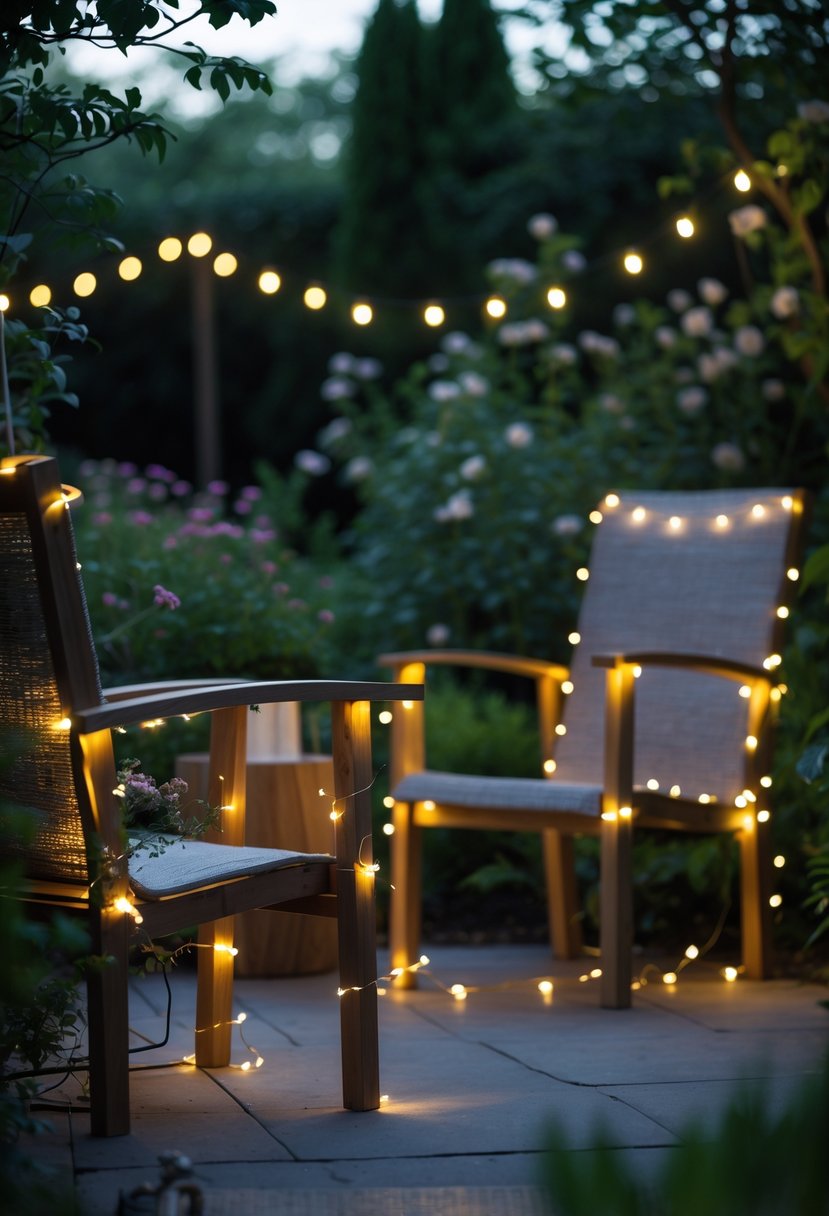 Outdoor garden scene with wooden furniture wrapped in warm white fairy lights surrounded by green plants.