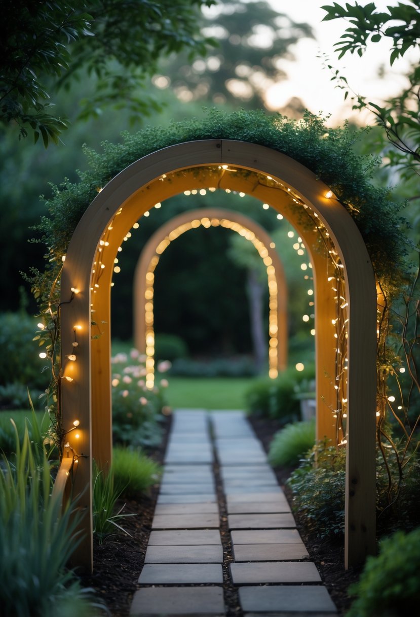 Wooden garden arches decorated with warm white fairy lights surrounded by green plants and grass.