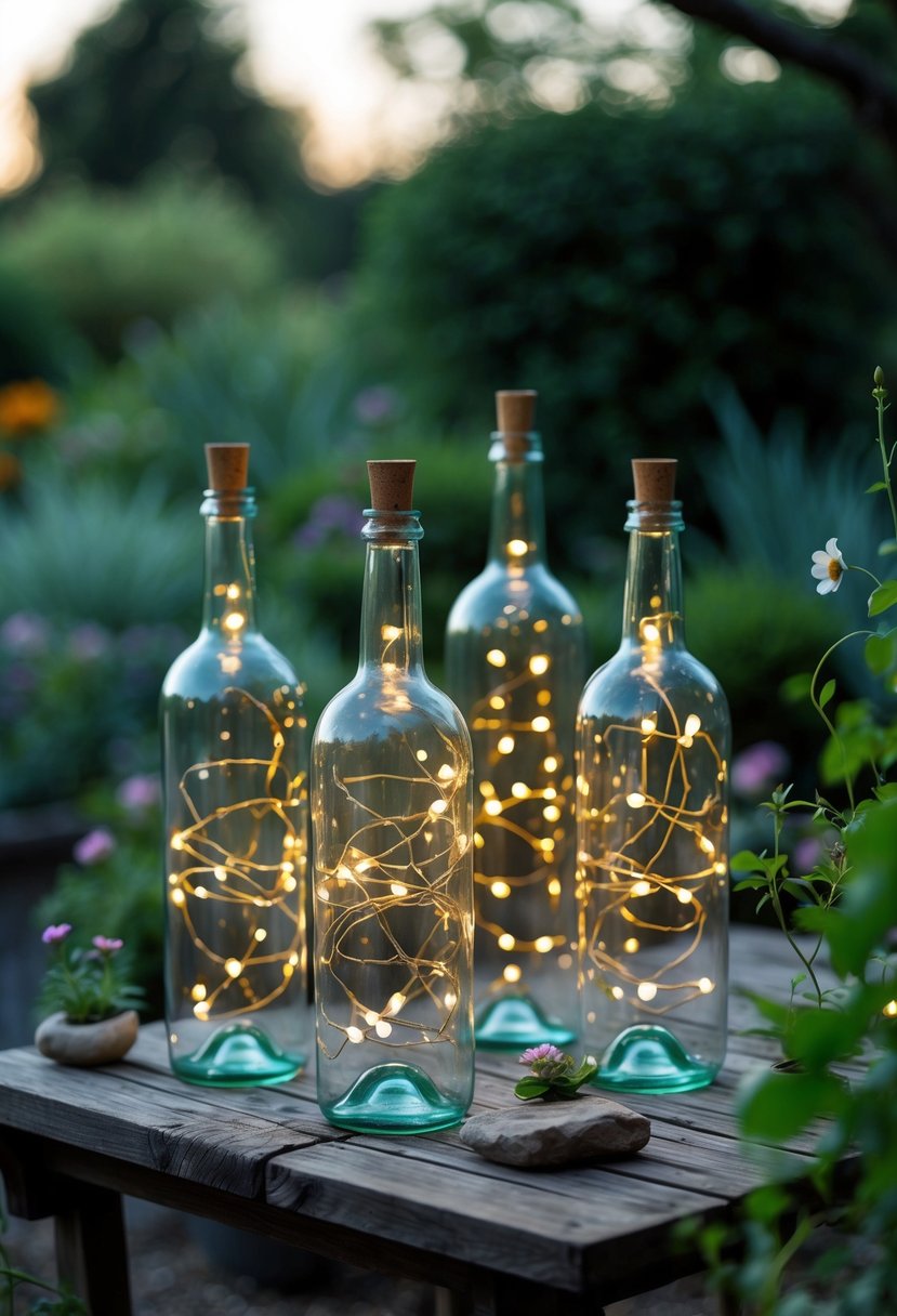 Empty wine bottles with fairy lights inside arranged on a wooden table in a garden setting.