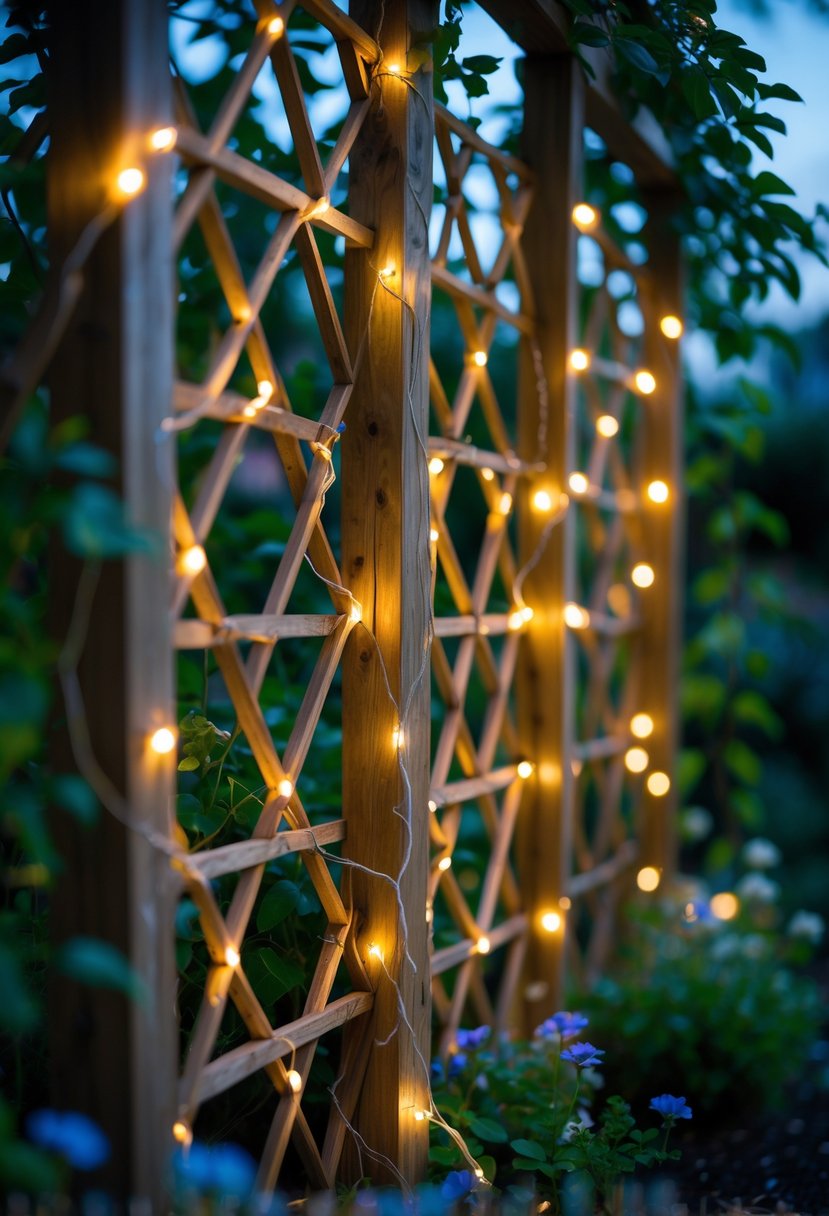 Wooden garden lattice panels decorated with glowing fairy lights surrounded by green plants and flowers.