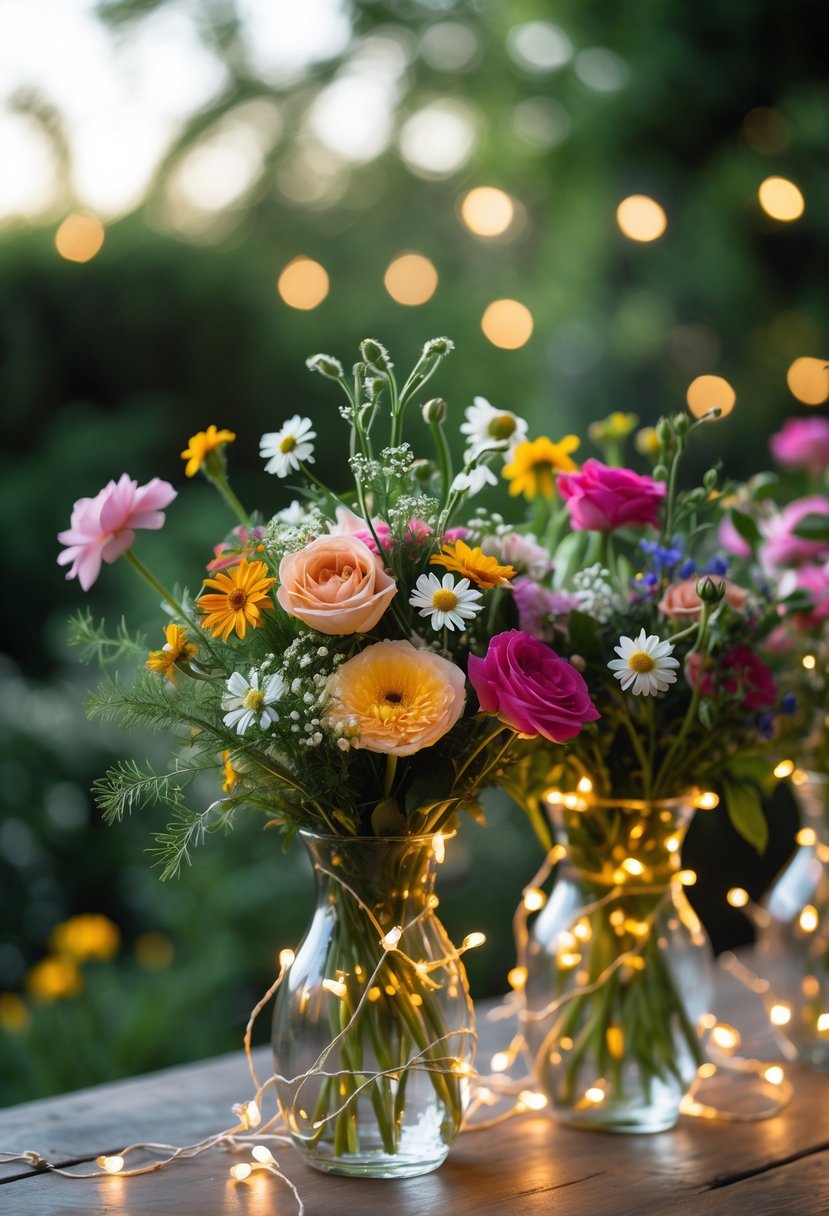 A garden table with glass vases of colorful flowers wrapped in glowing fairy lights outdoors.