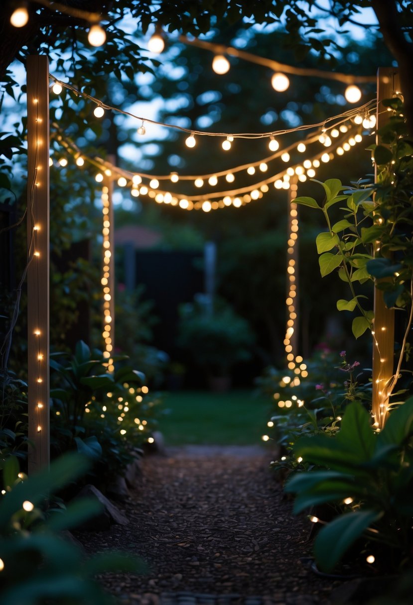 A garden at dusk with warm white fairy lights hanging overhead, illuminating the green plants below.