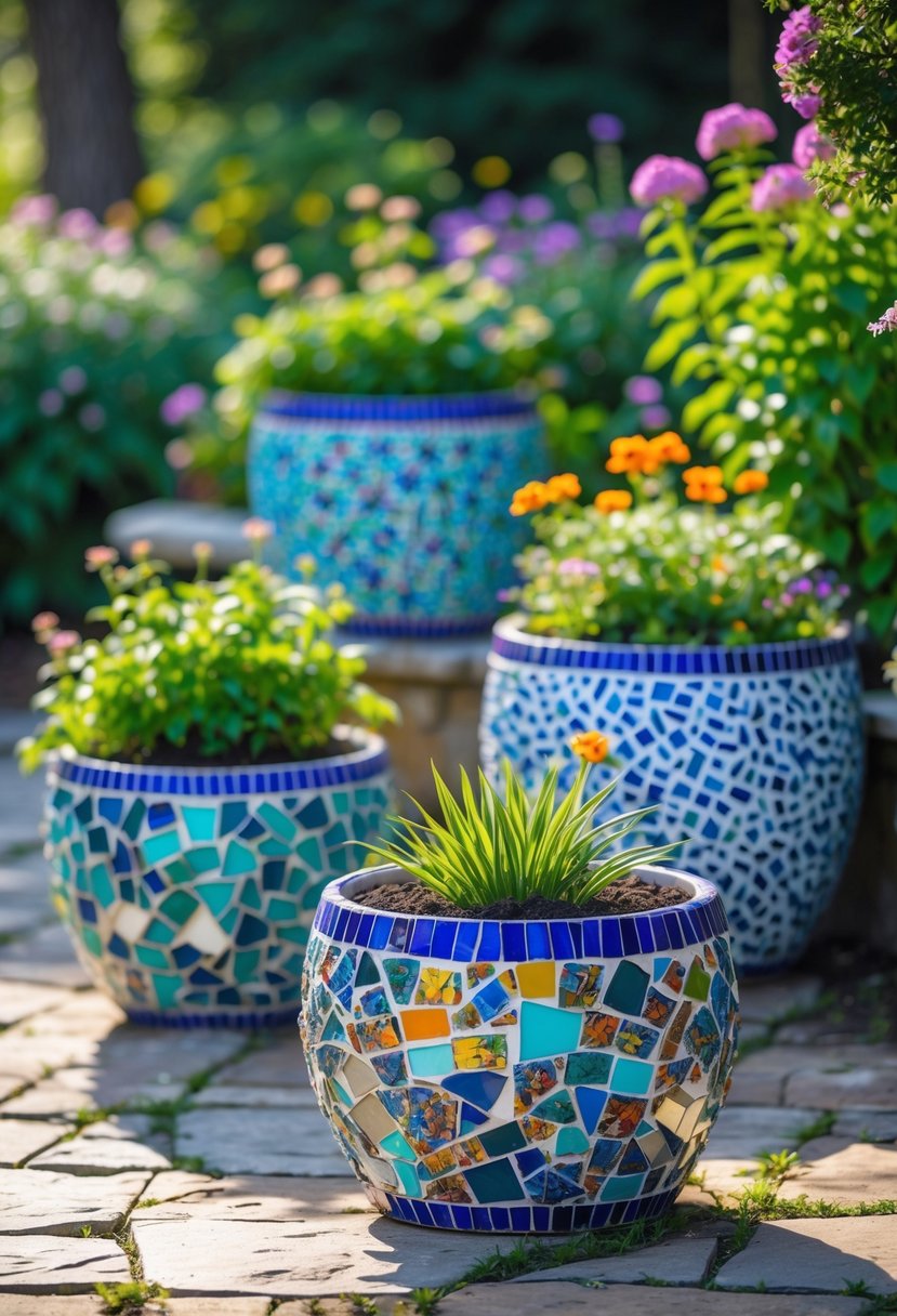 Garden planters decorated with colorful broken tile mosaics surrounded by green plants and flowers.
