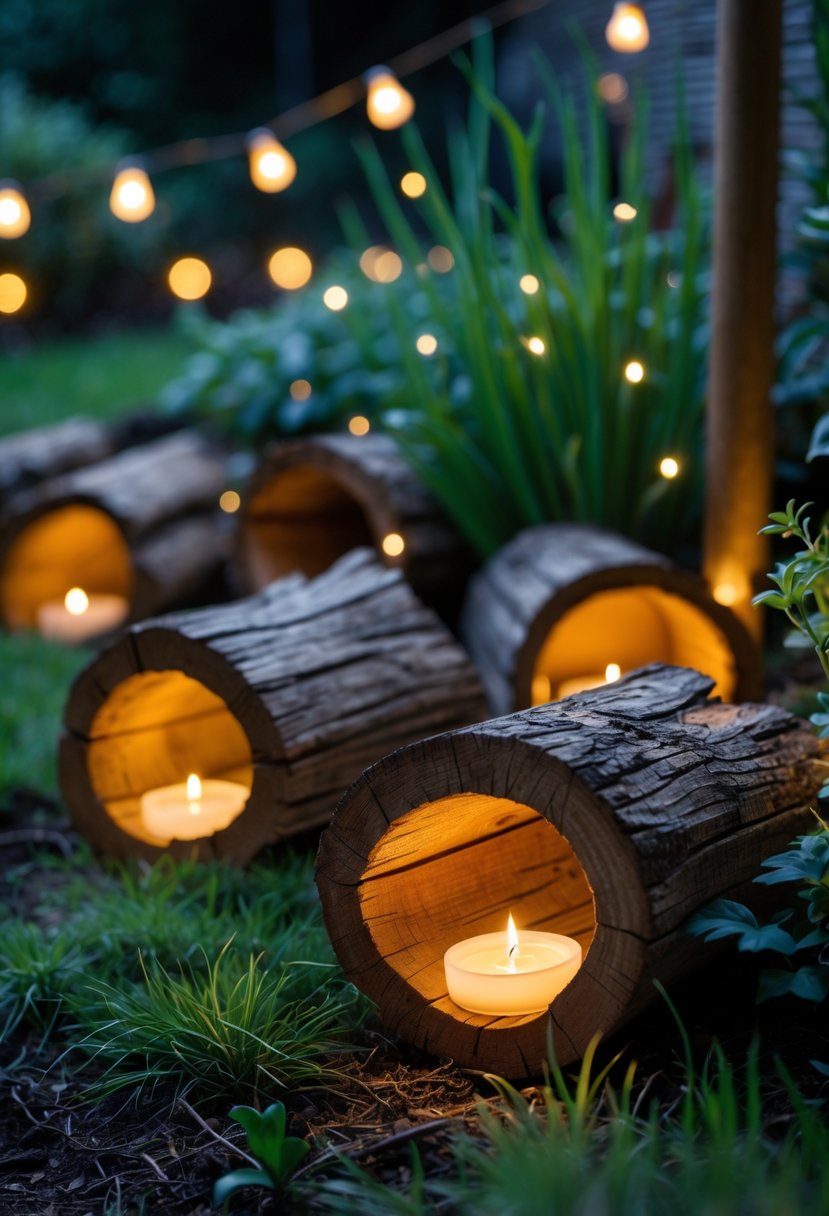 Hollowed wooden logs with glowing tea light fairy lights inside, placed on grass in a garden setting.