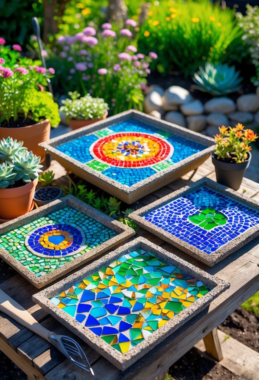 Several colorful mosaic garden trays displayed on a wooden table surrounded by gardening tools and plants in an outdoor garden.