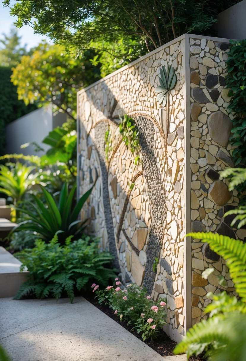 A stone mosaic wall with natural patterns surrounded by green plants in a garden.