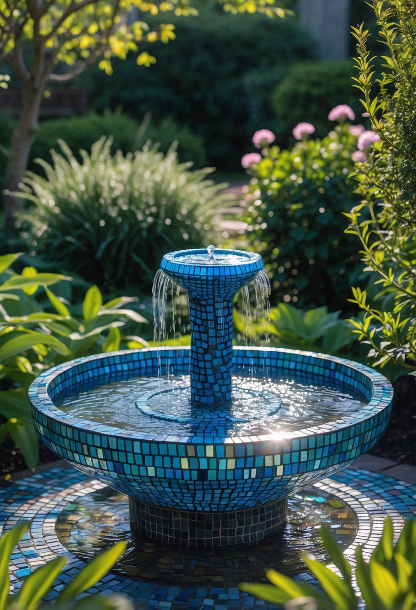 A mosaic fountain with blue glass accents surrounded by green plants and flowers in a garden.
