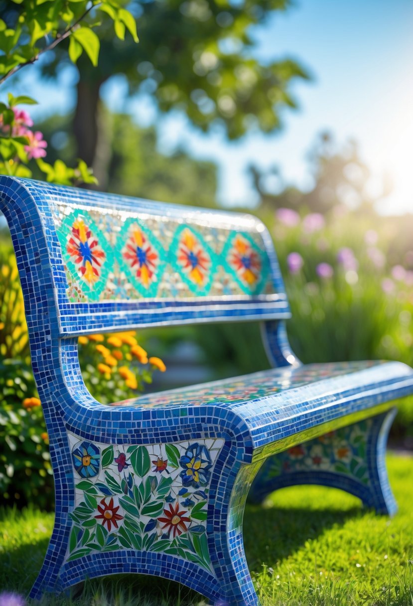 A mosaic tile-covered garden bench in a green garden with flowers and sunlight.