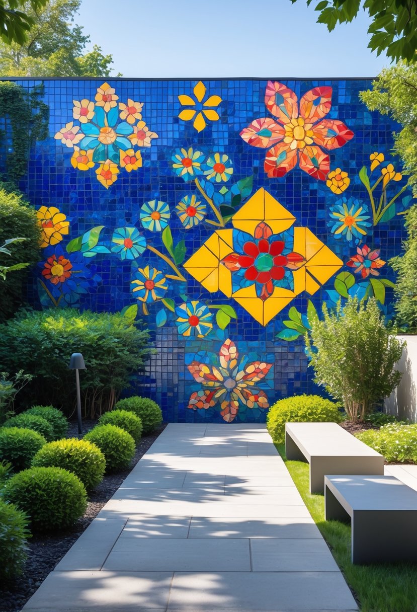 A colorful tile mosaic mural on an outdoor garden wall surrounded by green plants and stone pathways.
