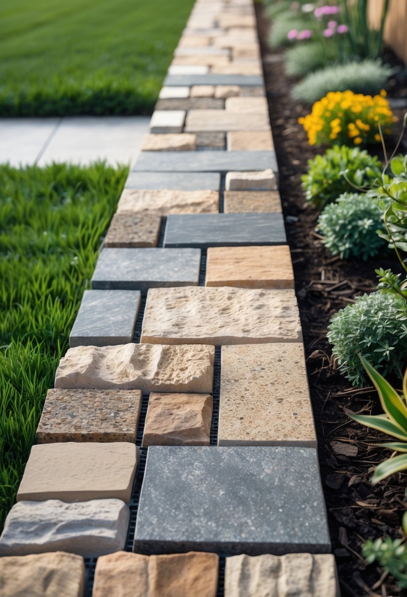 Close-up of a natural stone mosaic border surrounded by green grass and flowering plants in a garden.