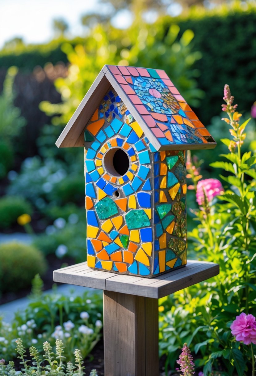 A colorful mosaic birdhouse mounted on a wooden post surrounded by green plants and flowers in a garden.
