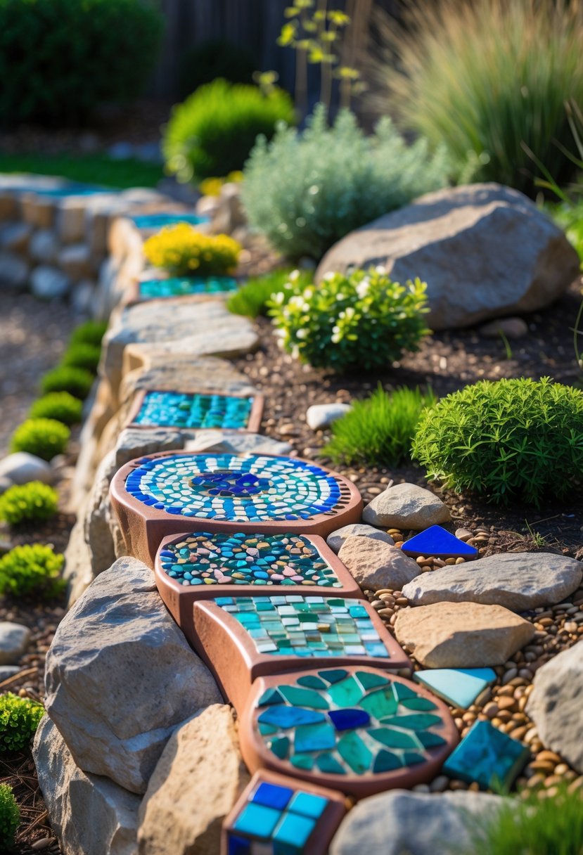 A garden edge made of natural stones and colorful mosaic tiles surrounded by plants and grass.