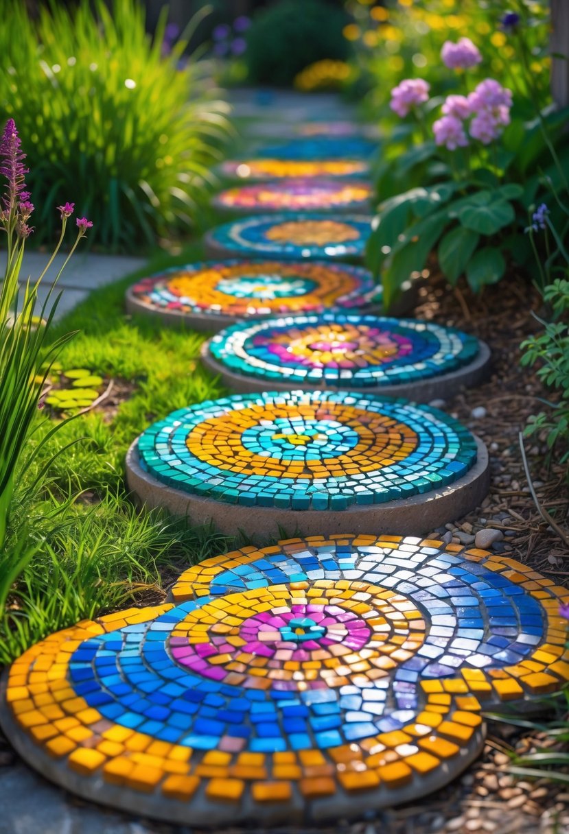 A garden pathway with colorful mosaic stepping stones surrounded by green grass and plants.