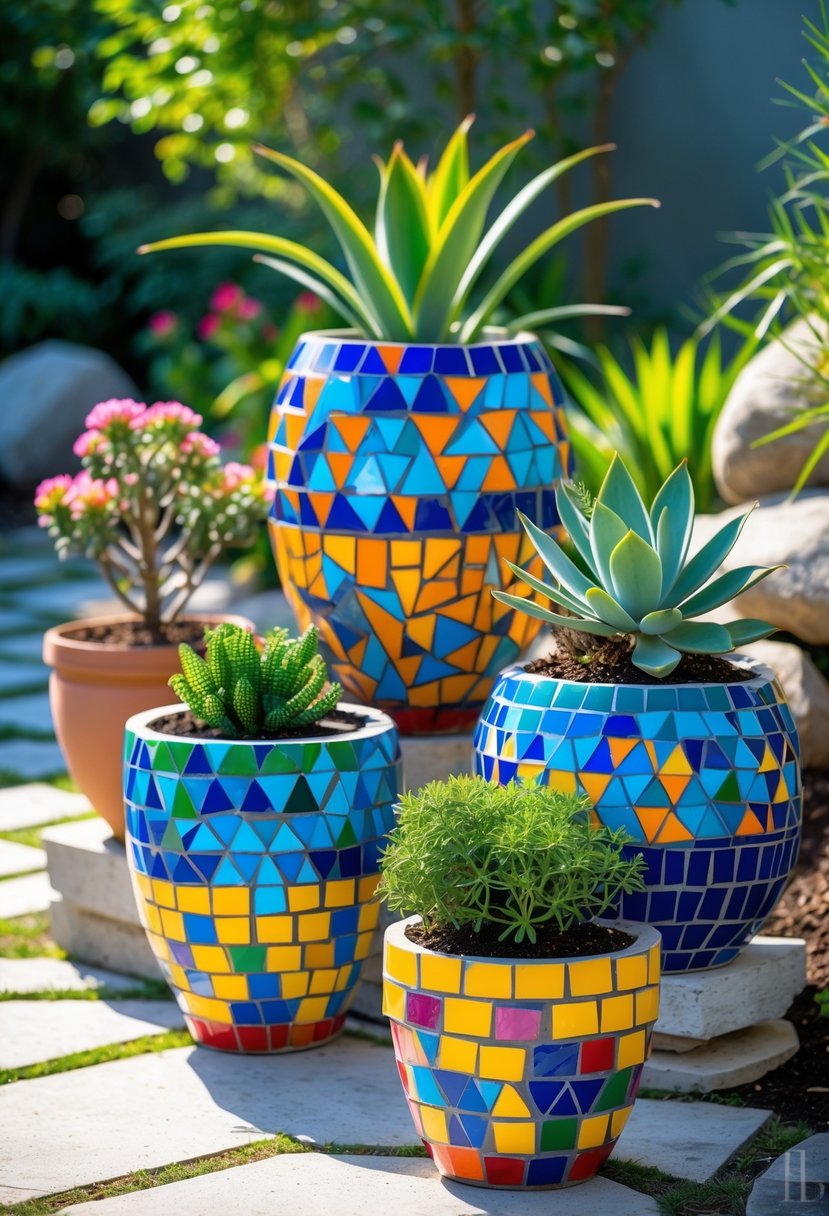 Colorful geometric mosaic pot risers holding potted plants in a garden with green foliage and natural light.