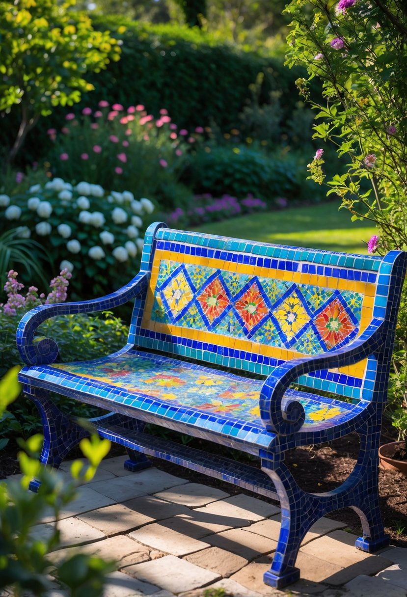 A mosaic garden bench with colorful tiles surrounded by plants and flowers in a garden.