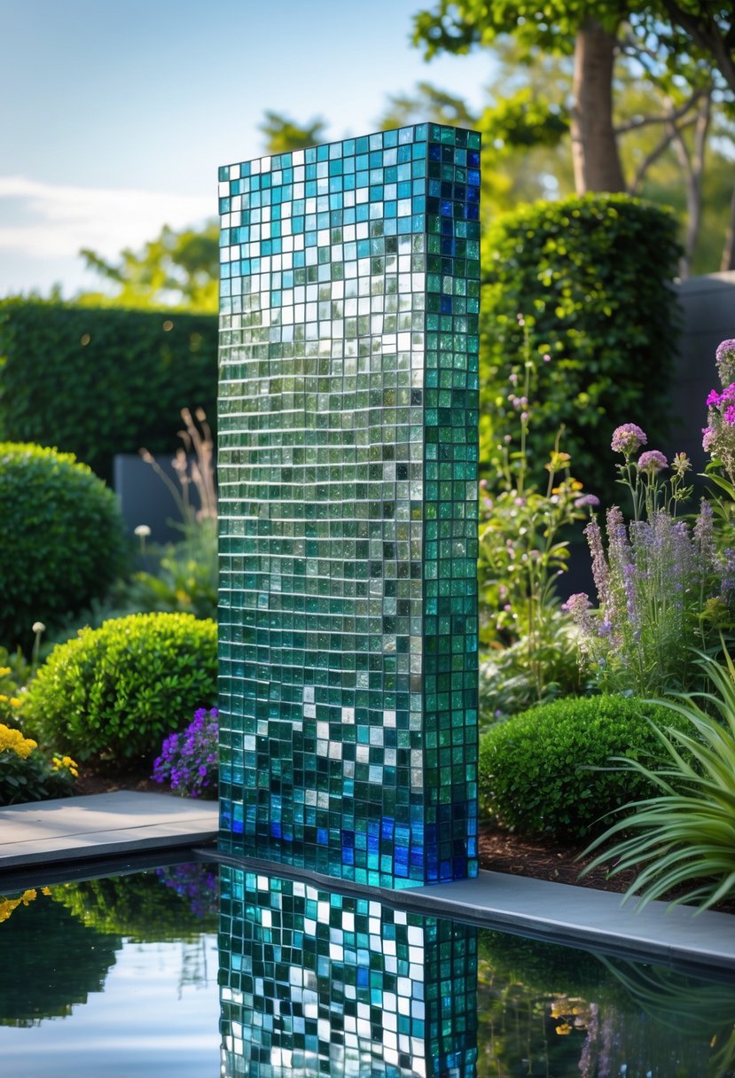 A reflective glass tile mosaic sculpture surrounded by green plants and flowers in a garden setting.