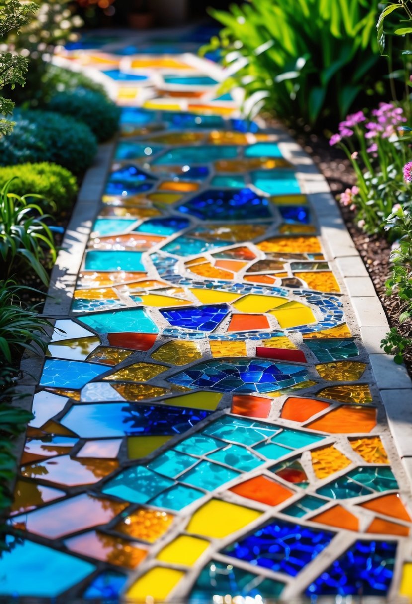 A colorful mosaic garden pathway made of broken glass pieces surrounded by green plants and flowers.
