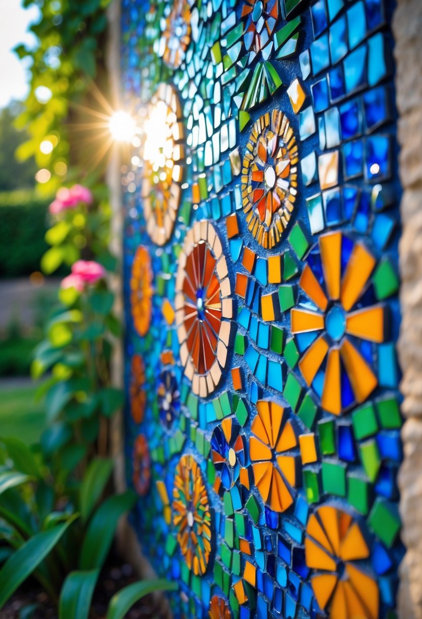 A colorful mosaic garden wall art surrounded by green plants and flowers in an outdoor garden.