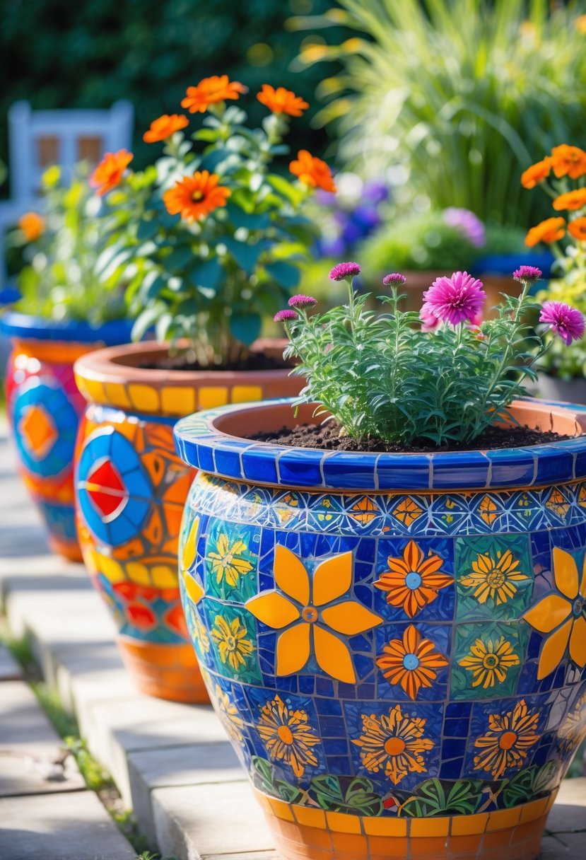 Several flower pots covered in colorful mosaic tiles filled with green plants and flowers in a garden setting.