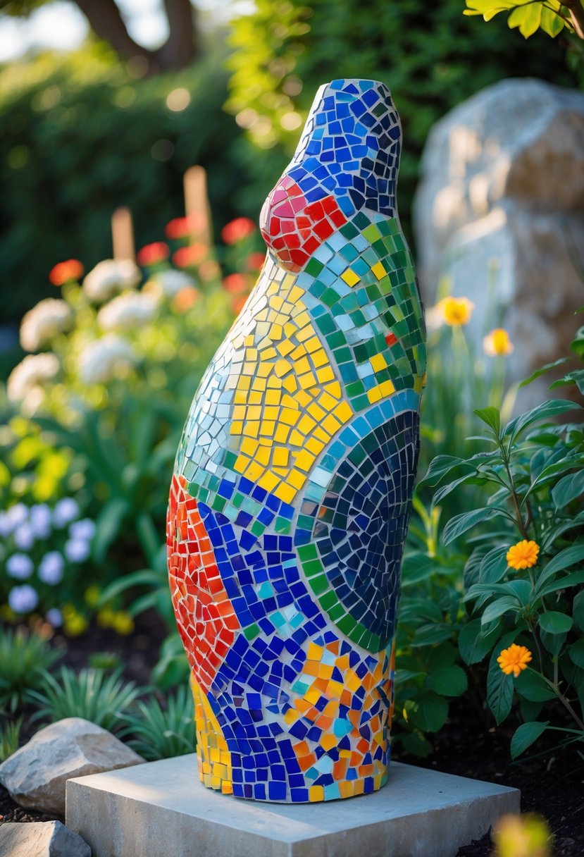 A colorful abstract mosaic sculpture displayed in a garden surrounded by plants and flowers.