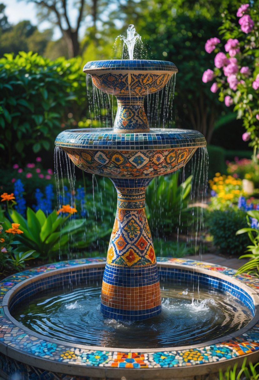 A mosaic fountain with colorful tiles surrounded by green plants and flowers in a garden.