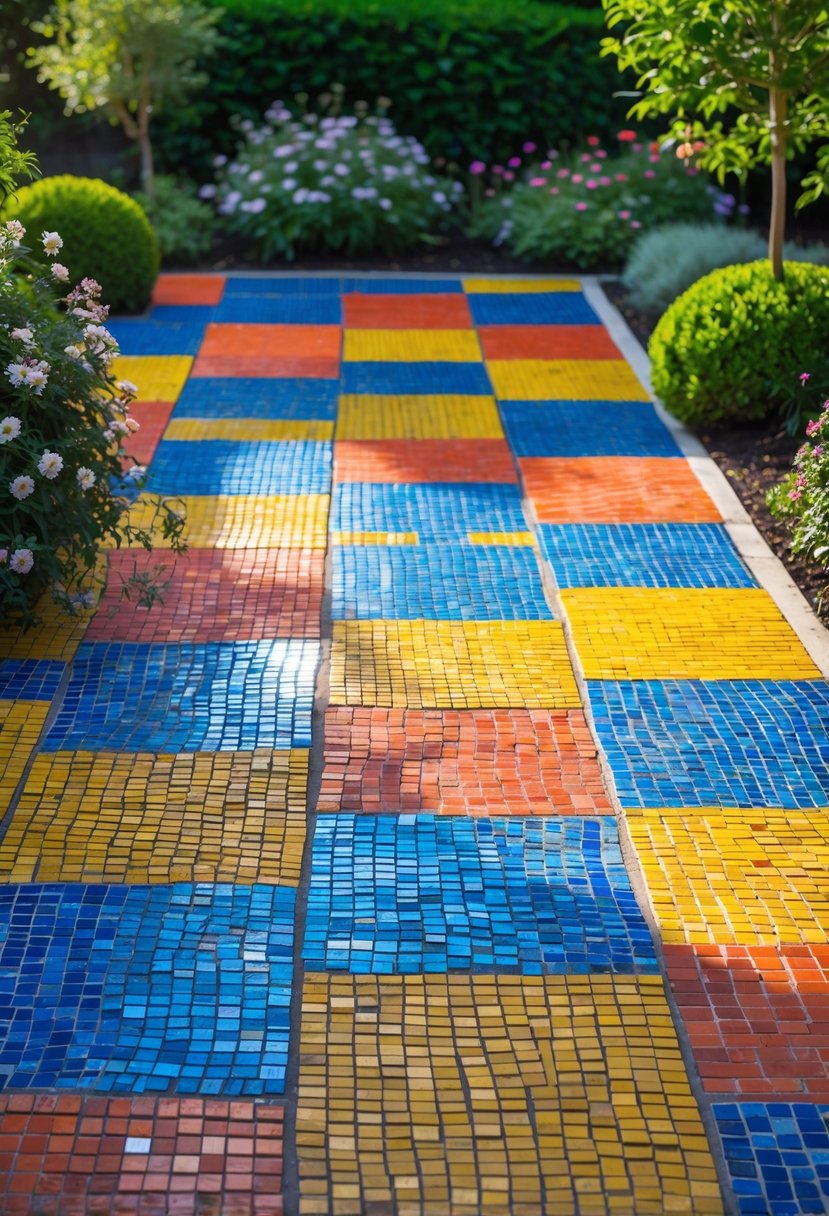 A colorful checkerboard mosaic patio surrounded by green plants and flowers in a garden.