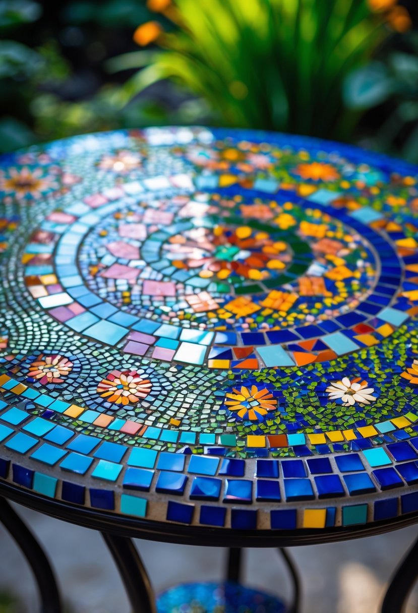 Close-up of a colorful mosaic garden table top with vibrant tile patterns surrounded by green plants.