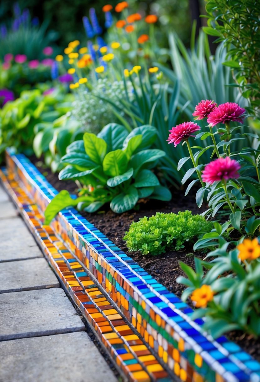 A garden bed bordered by colorful mosaic tile edging with green plants and blooming flowers.