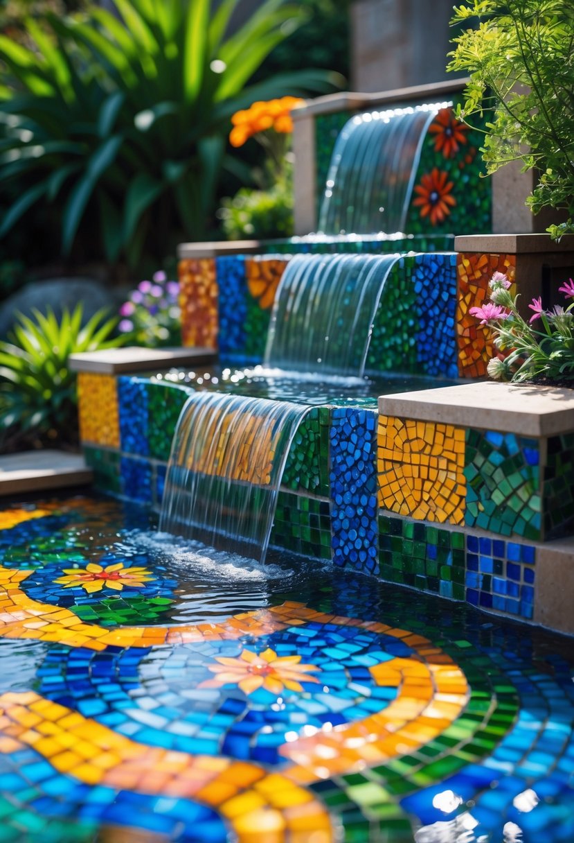 An outdoor water fountain decorated with colorful mosaic tiles surrounded by green plants in a garden.