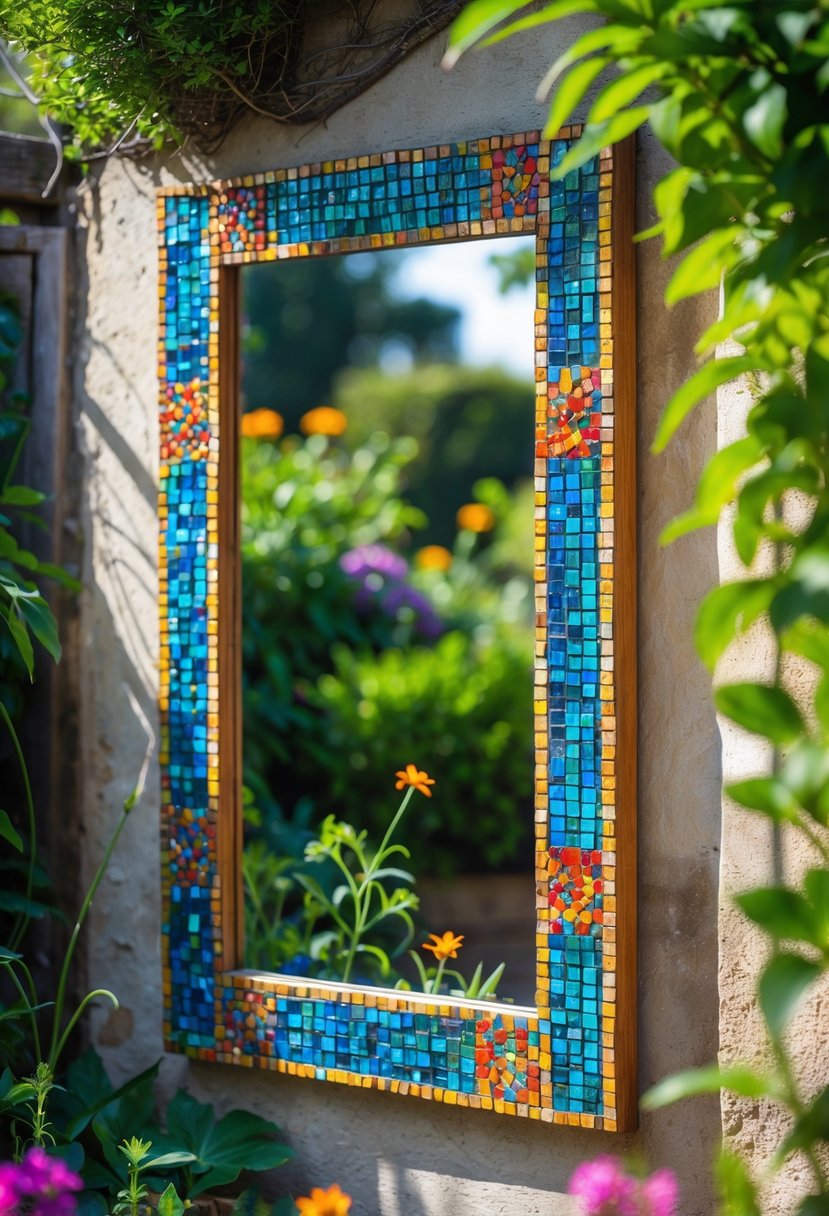 A garden mirror with a colorful mosaic tile frame surrounded by green plants and flowers.