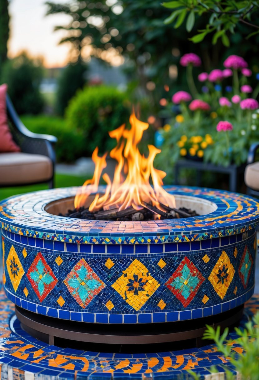 Outdoor fire pit surrounded by a colorful mosaic tile border in a garden with plants.