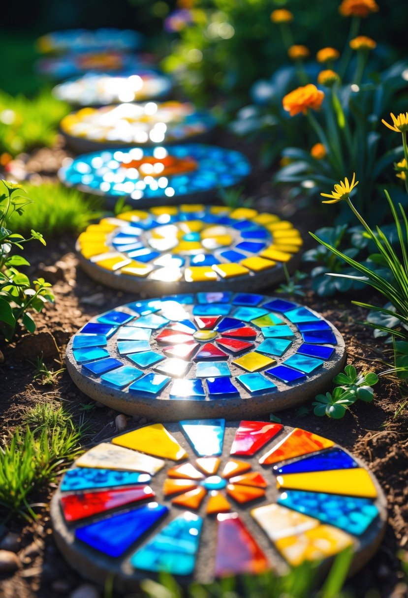 A set of colorful mosaic stepping stones arranged in a garden surrounded by grass and plants.