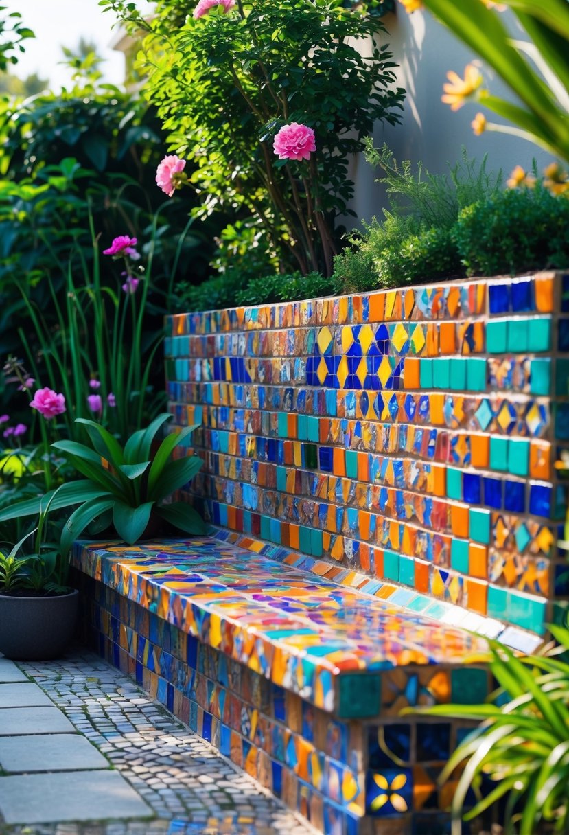A colorful mosaic tile seating wall in a garden surrounded by greenery and flowers.