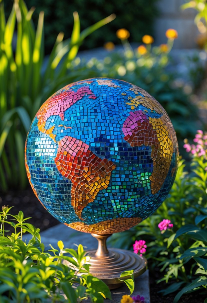 A colorful mosaic garden globe surrounded by green plants and flowers in an outdoor garden.