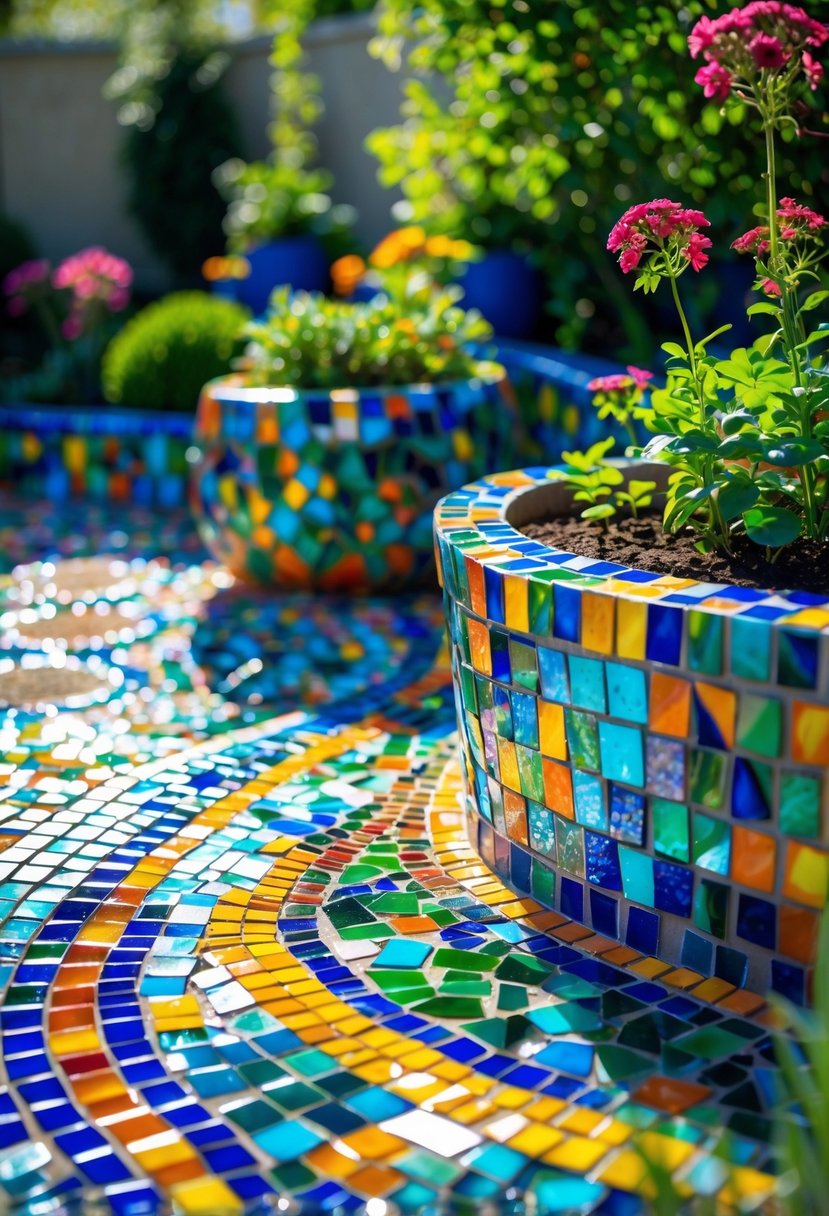 A colorful mosaic garden with patterned tiles surrounded by green plants and flowers.