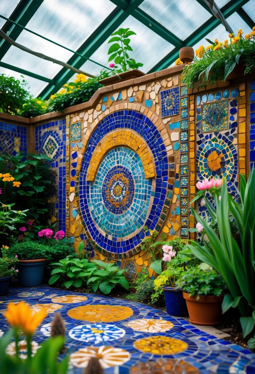 Colorful mosaic tile decoration surrounded by plants inside a greenhouse garden.
