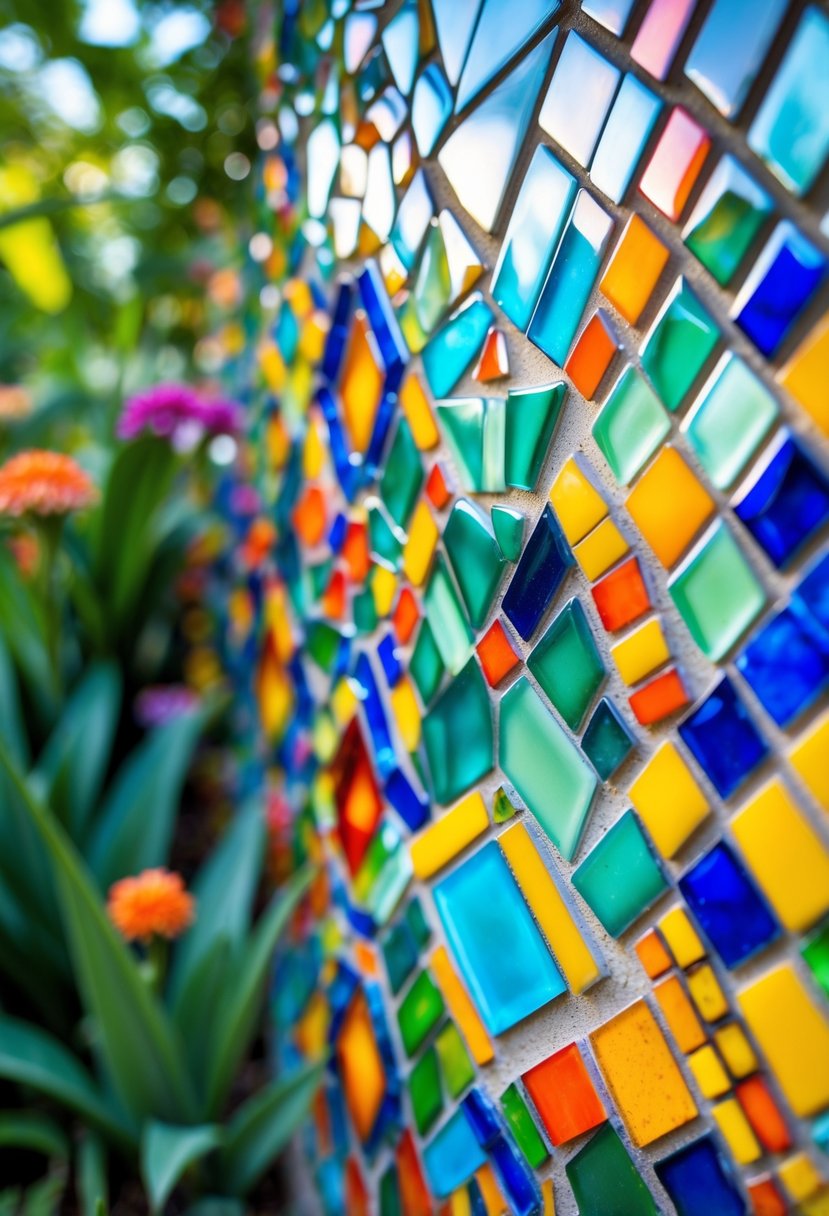 Colorful mosaic tile backsplash surrounded by green plants in a garden.