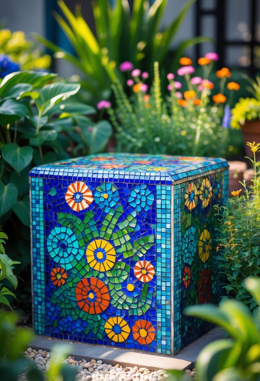 A colorful mosaic tile garden plinth surrounded by green plants and flowers.