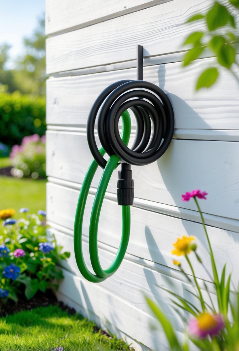 A green garden hose neatly coiled on a black spiral hose holder mounted on a white wooden wall outdoors with garden plants nearby.