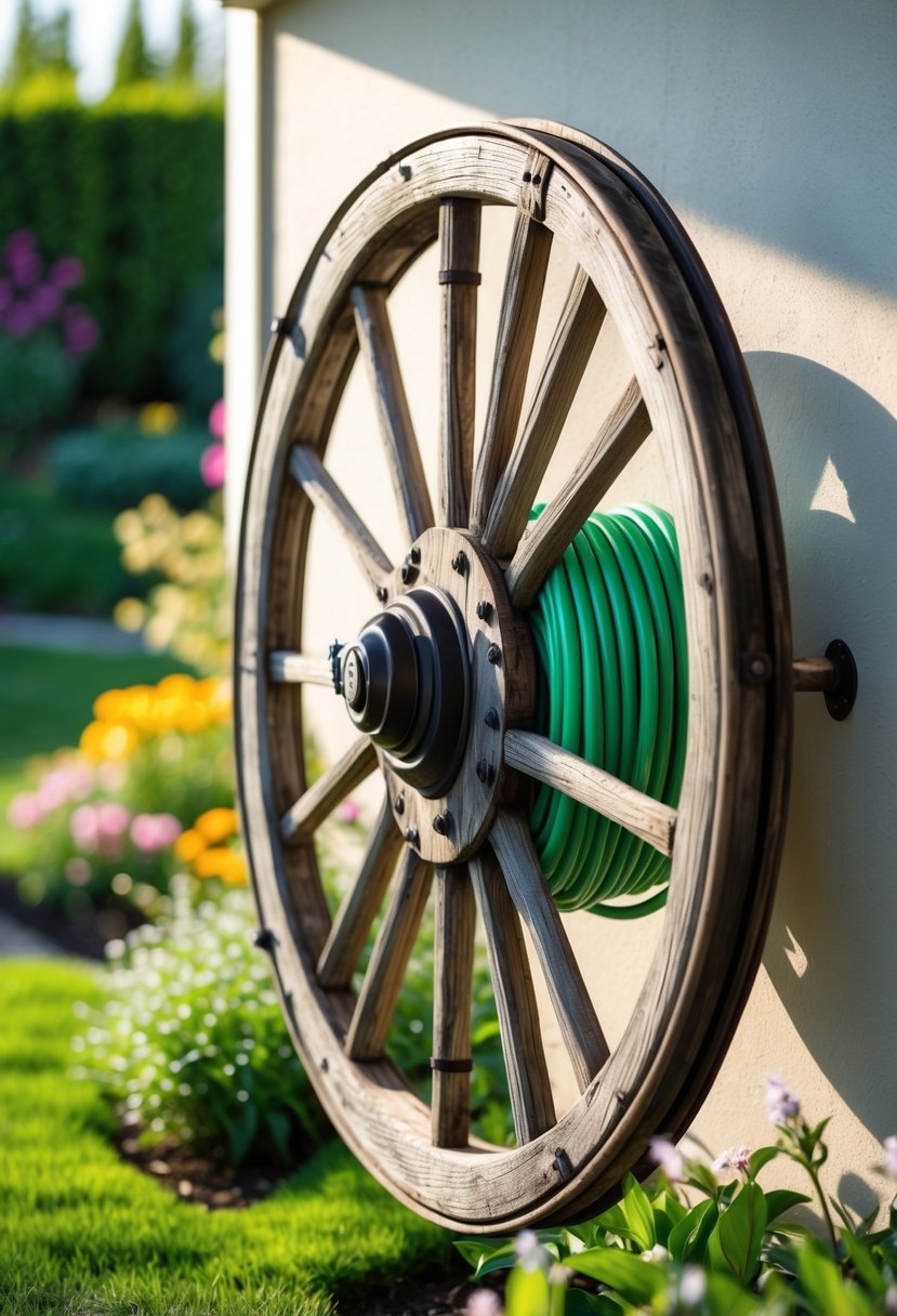 A vintage wooden wagon wheel mounted on a wall used as a garden hose reel with a green hose coiled around it in a sunny garden setting.